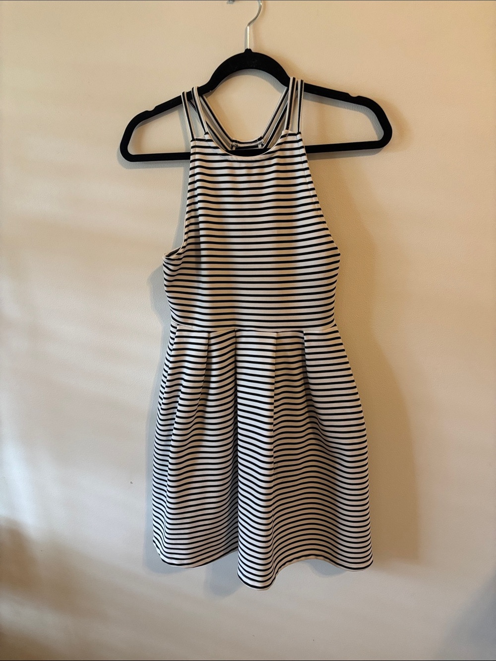Striped Black and White Halter Mini Dress with pockets!